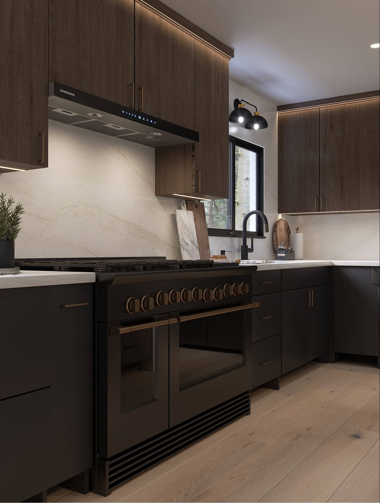 Professional range with brass accents